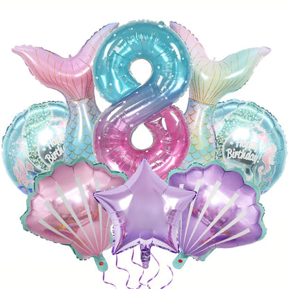 8pcs Mermaid Balloons set Shell Mermaid Foil Balloons 32inch Number Balloon 1-9 for Kids Girls 1-9th Birthday Party Decoration