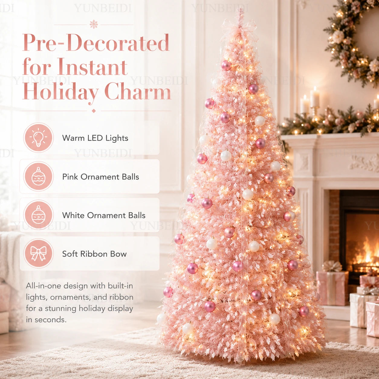 Pink Integrated Foldable Christmas Tree with Ornaments LED Lights High-end Christmas Tree 1.5M/1.8M Family Christmas Decorations