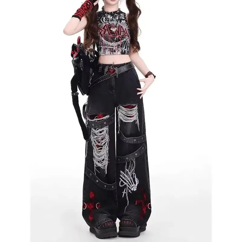 American style spicy girl loose lazy and relaxed denim pants female punk retro washed fashionable versatile casual pants