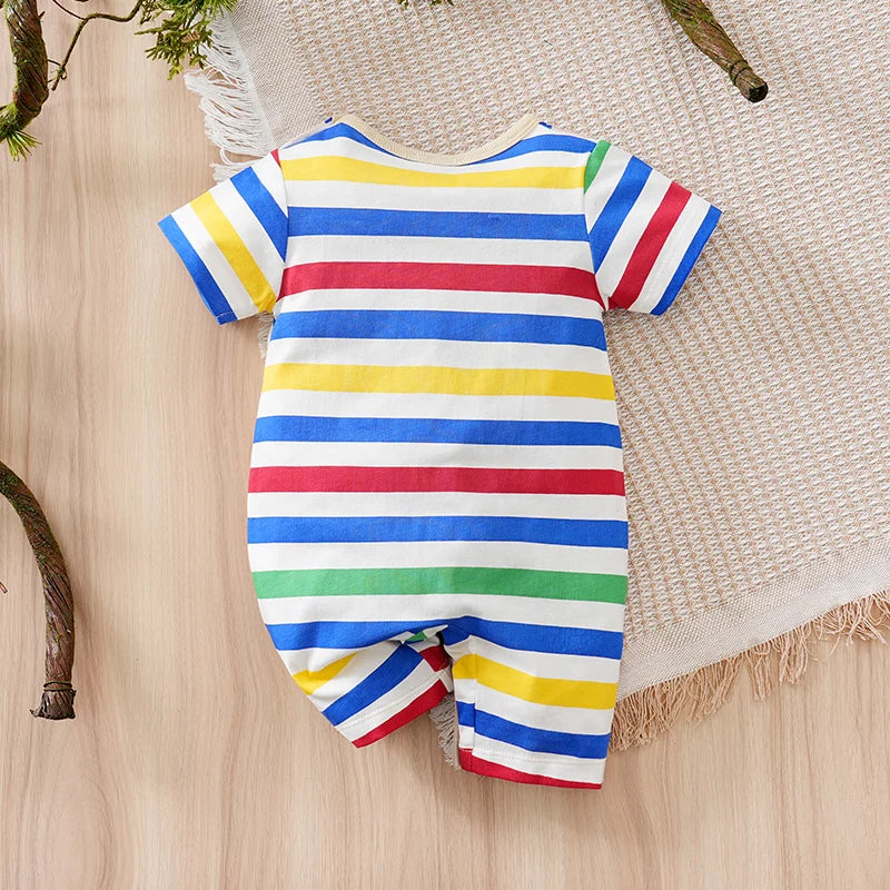 Newborn Baby Clothes Rainbow back strap bear print pocket cotton Fashion Infant Jumpsuit Toddler Short Sleeve One-piece Pajamas