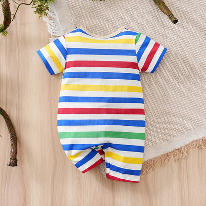 Newborn Baby Clothes Rainbow back strap bear print pocket cotton Fashion Infant Jumpsuit Toddler Short Sleeve One-piece Pajamas