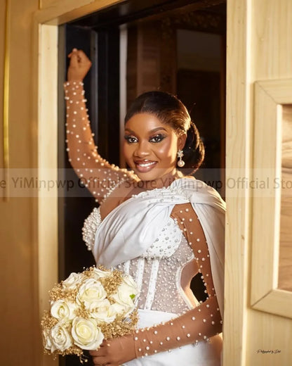 Ivory Civil Wedding Dresses for Bride Sheer Neck Long Sleeve Corset Pearls Aso Ebi Nigeria Courthouse Bridal Gowns Customized