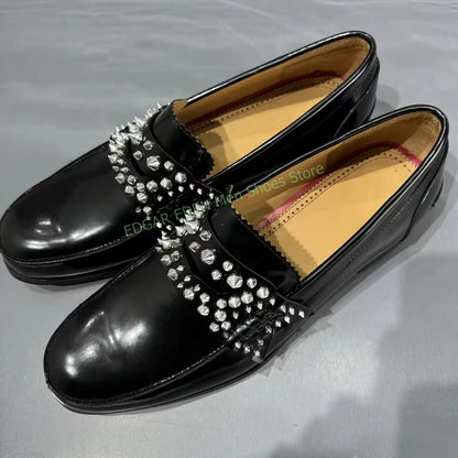 Luxury Crystal Decoration Genuine Leather Man Single Shoes Classic Round Toe Comfortable Slip On Male Wedding Black Formal Shoes
