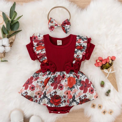 Baby Girls' Floral Romper Dress | Ruffle Shoulders & Bow Details | Everyday Wear, Portraits & Celebrations