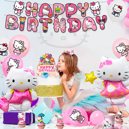 124 Pcs Hello Kitty Party Decorations & Tableware Set - Kitty Plates Backdrop Balloon Banner Etc Hello Kitty Birthday Decoration