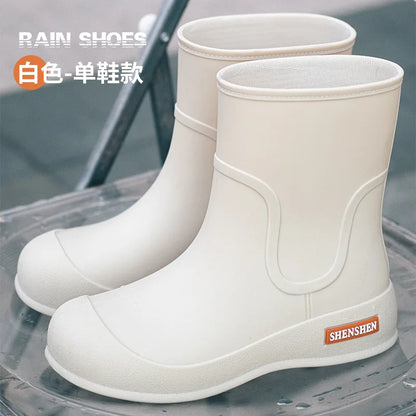 Fashionable women's rain boots for outdoor wear, mid-calf waterproof and anti-slip rubber shoes for kitchen work, water boots