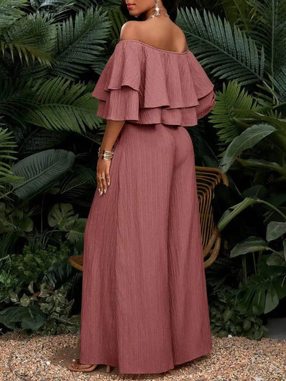 Women's Off Shoulder Ruffle Crop Top Matching Wide Leg Pants Outfit For Vacation Daily Casual Outdoor Travel Occasions
