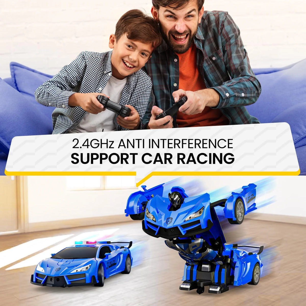Remote Control Cars Police Car Toy Gesture Sensing with LED Light, 2.4GHz One Button Transformation Robot RC Cars Gift for Kids