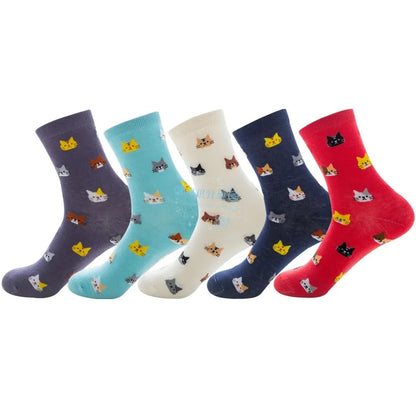 Cute Cartoon Cat Print Women Socks Sweet Cute Japanese Style Kawaii Long Socks Casual Harajuku Streetwear Cotton Soft Crew Socks