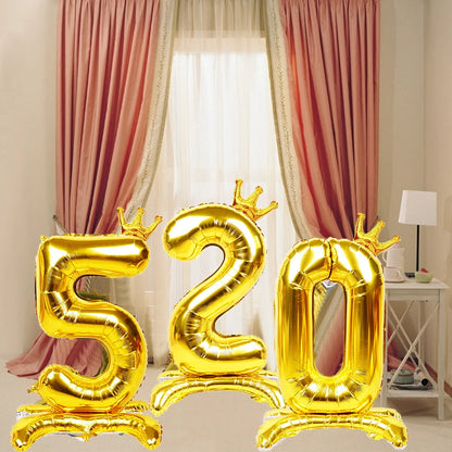 32 Inch Gold Number Stand Foil Balloons with Crown Digital Figures Globos 0-9 Birthday Party Wedding Decoration Kids Baby Shower