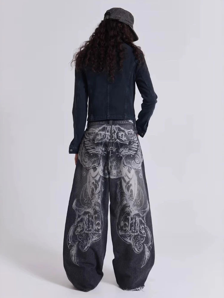 HOUZHOU Y2k Gothic Vintage Graphic Women Man Ripped Jeans Grunge Washed Wide Leg American Style Denim Trousers Baggy High Street