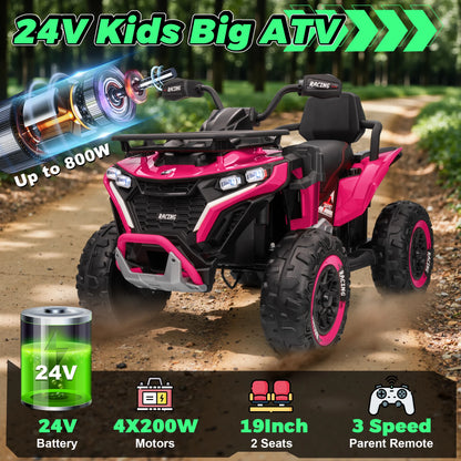 24V Ride on Car, Kids ATV XL Four Wheeler W/EVA Tires, 19-Inch Leather 2 Seater, 800W Motors, Remote Control, Knee Pads, Flower, 24 Volt Ride on Toys Quad for Big Kids