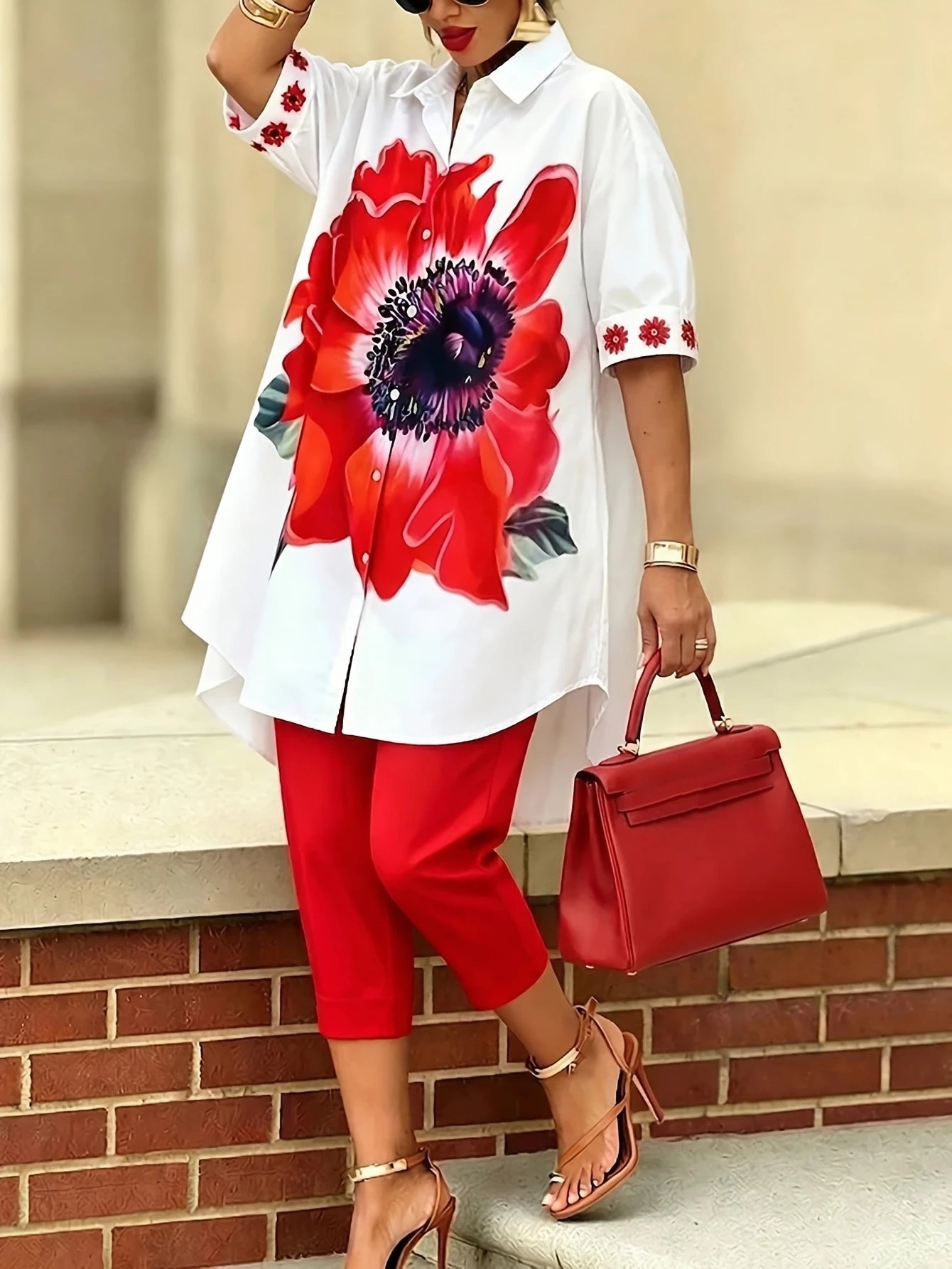 Vintage Women Floral Printed 2 Piece Set Single-breasted Short Sleeves Turndown Collar Shirts Solid Slim Trousers Casual Outfit