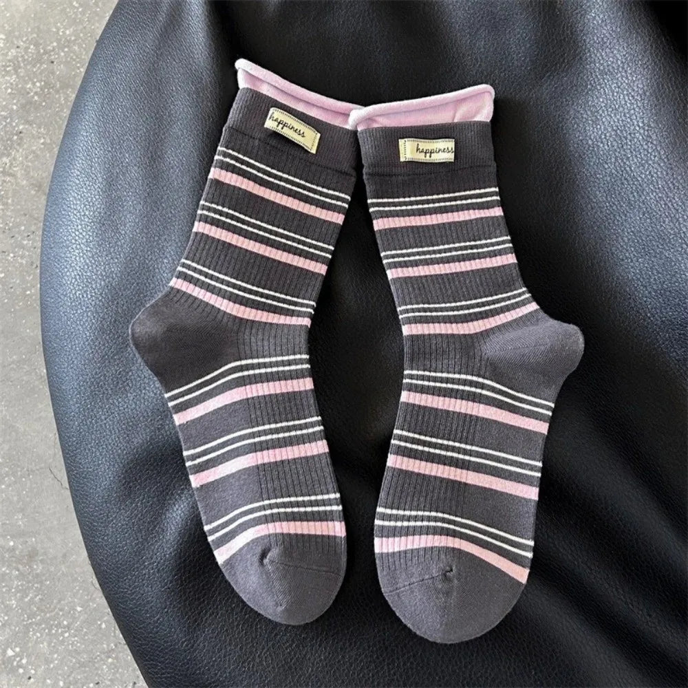 Fake Two-Piece Design Crew Socks Soft Knit Texture Mid-Calf Length Mid-Calf Socks Striped Pattern Striped Socks For Women