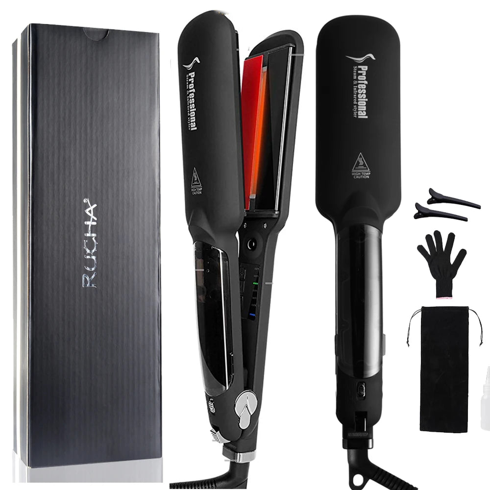 RUCHA Infrared Steam Hair Straightener 2 Inches Wide Plate Hair Salon Steampod Ironing Styler Ceramic Tourmaline Flat Iron