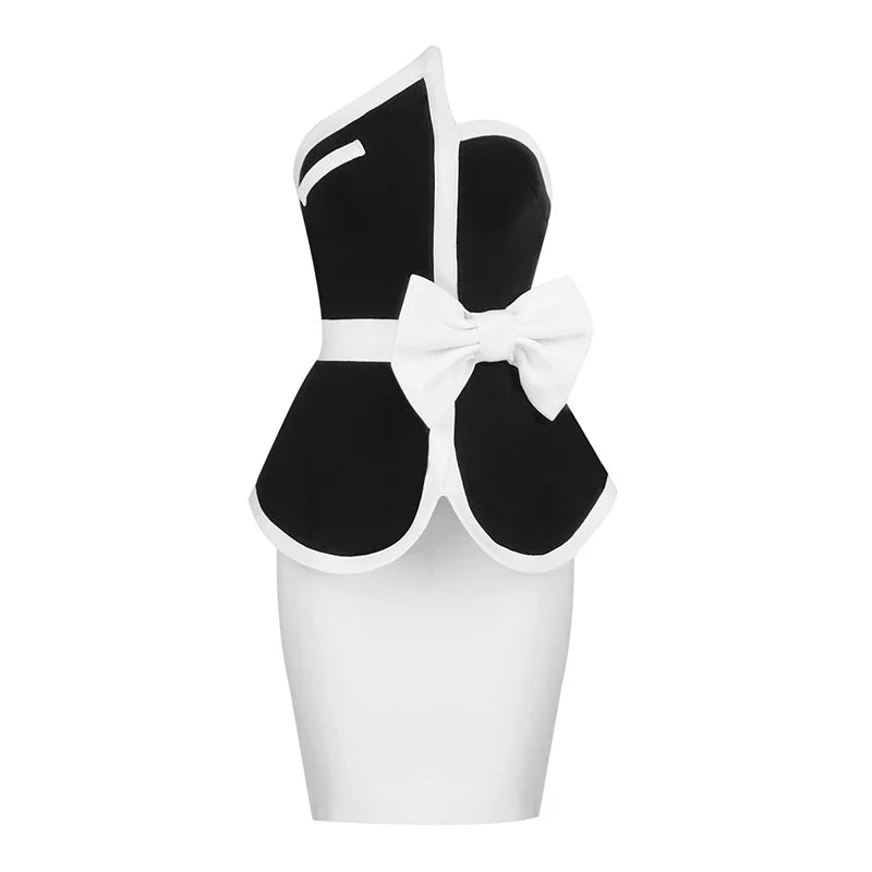 Women's Patchwork Bandage Suit Summer 2 Two Piece Sets Strapless Sexy Bodycon Sleeveless Bow Top & Mini Skirt Club Party Outfit