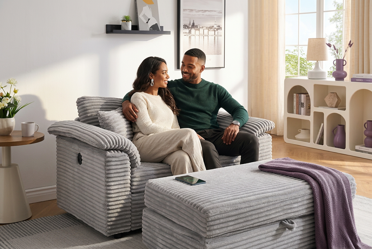 A couple on the corduroy armchair, with a leading-man upgrade for him