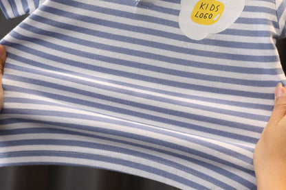 Boys' Summer Cute Stripes Solid Color Short-sleeved Shorts Two-piece Set