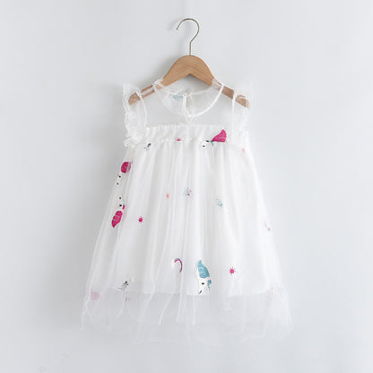 Summer Cute Princess Style Children's Dress With Embroidery Mesh