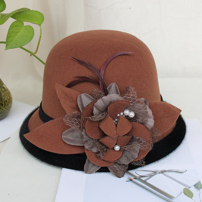 Black Brim Woolen British Feather Flower Top Hat