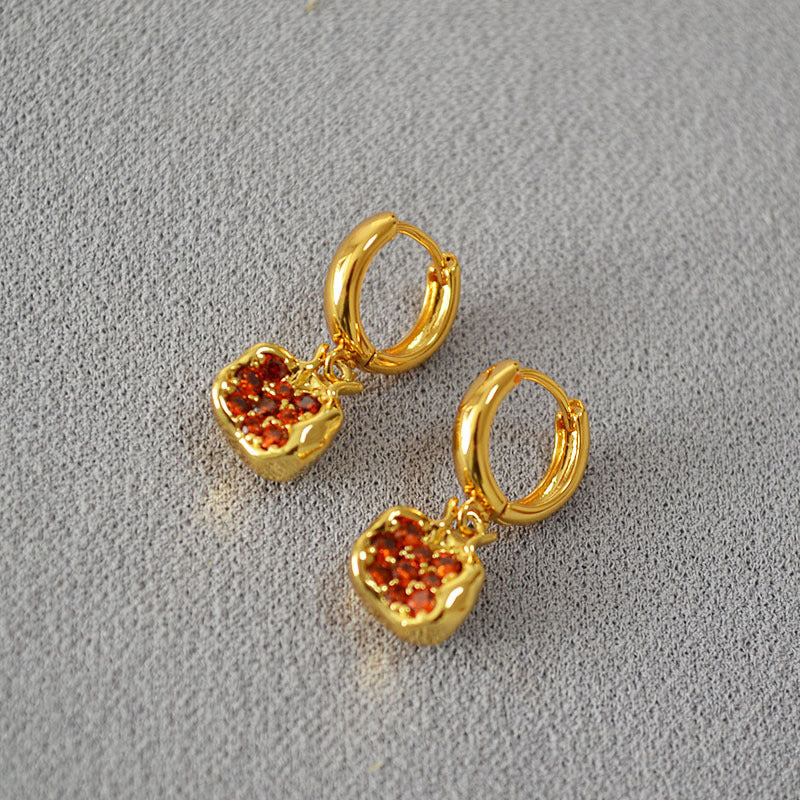 Simple Brass Gold-plated Red Pomegranate Necklace Earrings