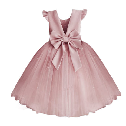 Girl's Gown Mesh Backless Bow Umbrella Princess Dress