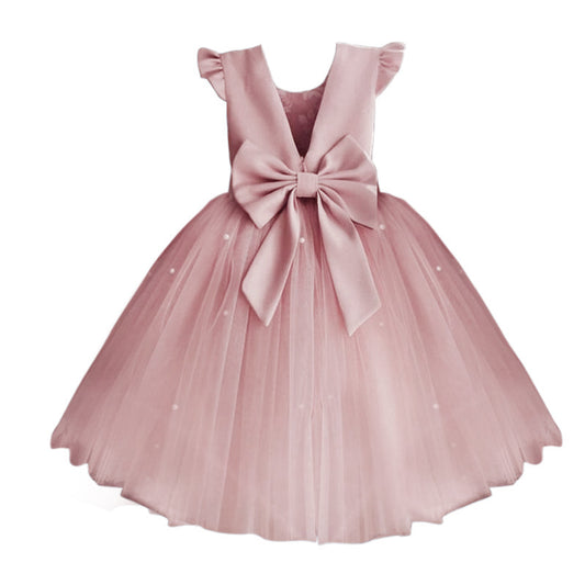 Girl's Gown Mesh Backless Bow Umbrella Princess Dress