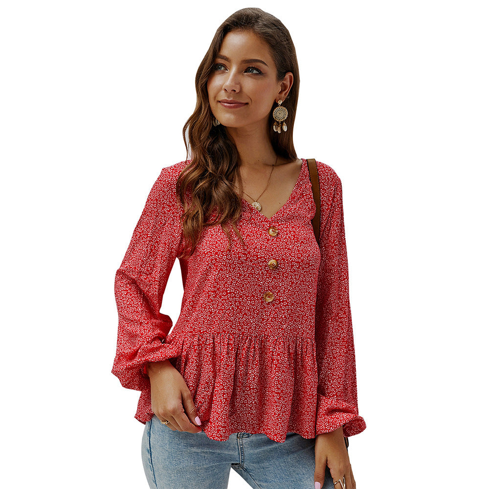 New Product Floral Long-sleeved V-neck Shirt Top