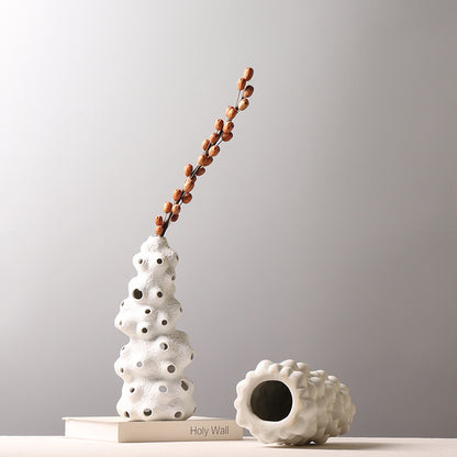 Decoration White Ceramic Vase Creative Personality Drum Bag Hollow Decoration Furnishings