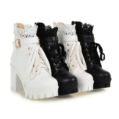 Lace Ankle Boots Lace-up Square Heeled Shoes Women White Black Boots