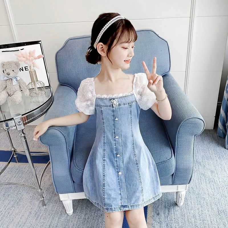 Girls Denim Dress Fashion Lace Puff Sleeves A-line Summer Patchwork