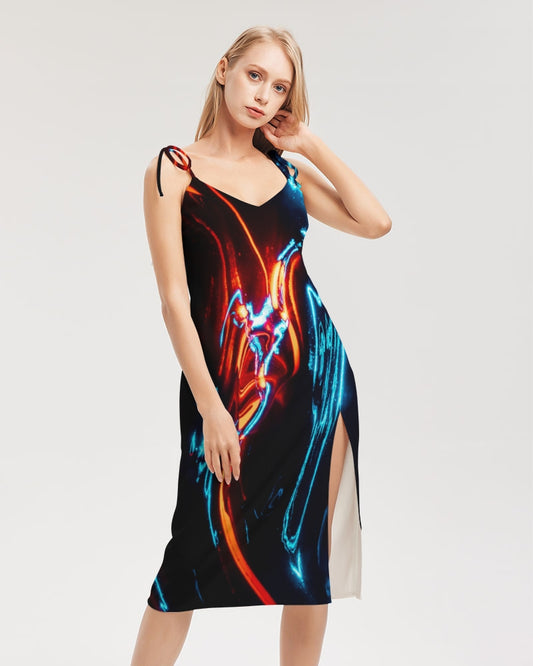 ELECTRICLY BLUE AND RED DESIGN BY FLIPSTYLEZ Women's All-Over Print Tie Strap Split Dress