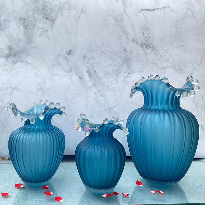 Wavy Frosted Blue Striped Glass Vase