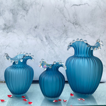 Wavy Frosted Blue Striped Glass Vase