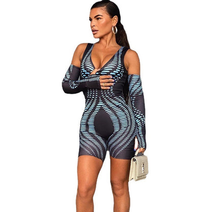Crew Neck Digital Printing Gloves Hip Lifting Bodysuit