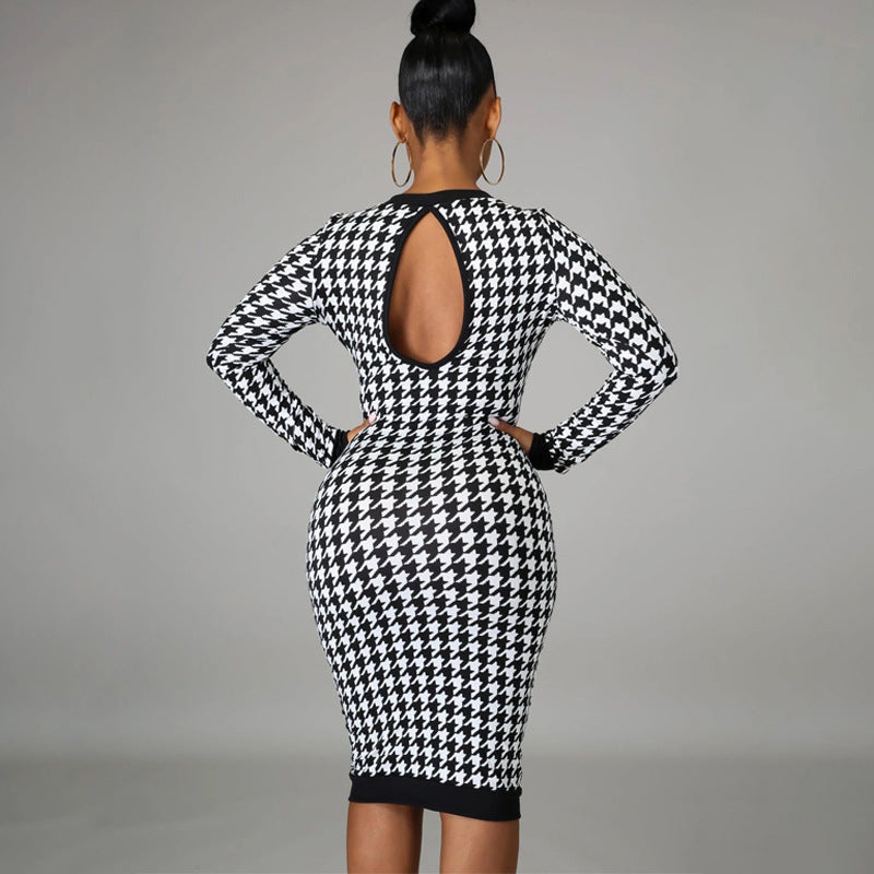 Long-sleeved Round-neck Back Cut-out Dress