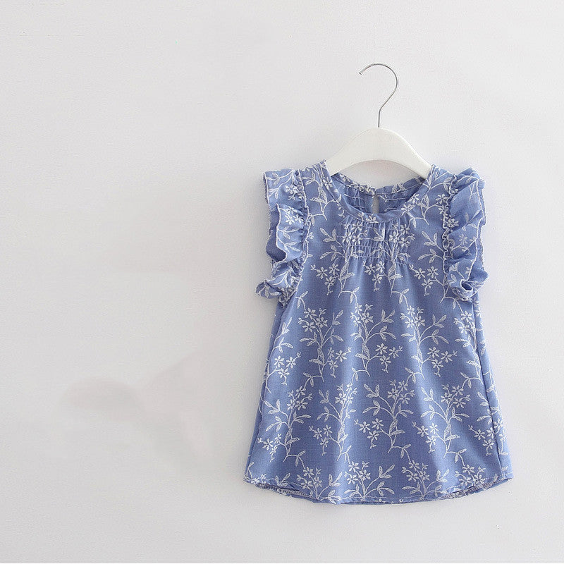 Cute Fly Shoulder Sleeve Top For Girls Thin Cotton And Linen