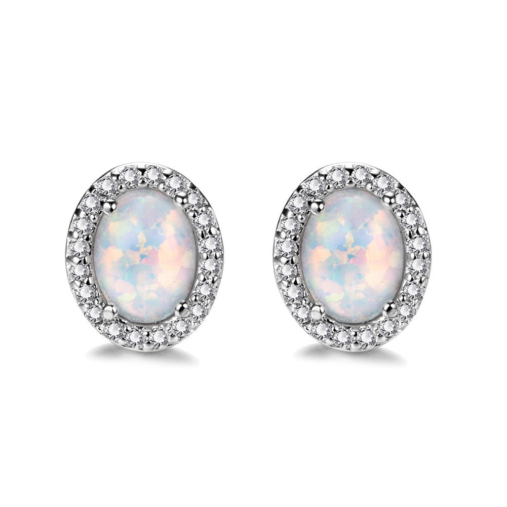 Oval White Opal Edge White Small Diamond Studs