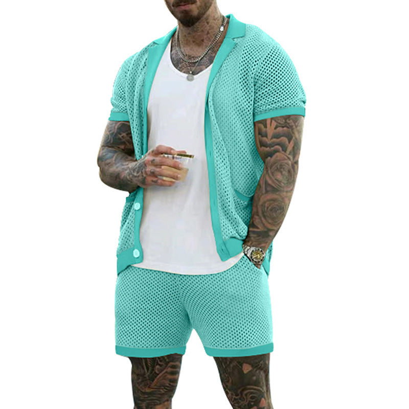 Men's Summer Cool Hole Cloth Lapel Short Sleeve Shorts Suit