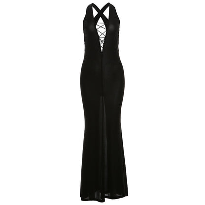 European And American Fashion Solid Color Deep V-neck Backless Sexy Hot Girl High Waist Hip Bag Dress