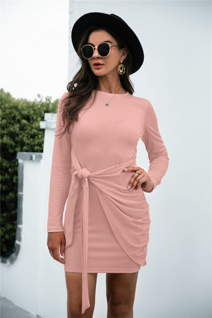 Hot New Product Long Sleeve Round Neck Tie Solid Color Dress