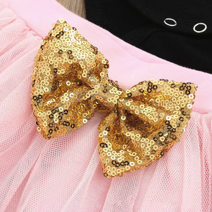 Girls' Fashion Casual Short-sleeved Printed Romper Bow Mesh Skirt Suit