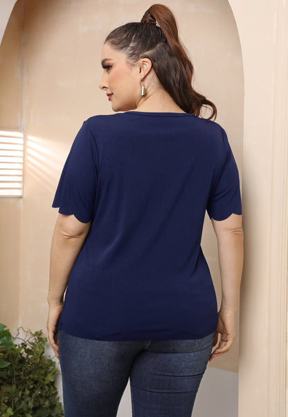 Ladies Plus Size Burnt Floral Hollow Out Wavy Deep V T-Shirt