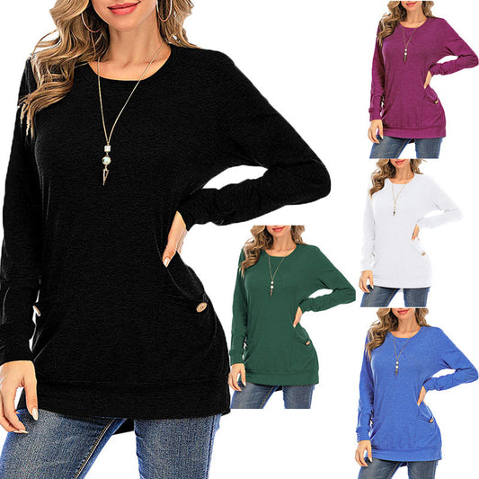New Product Crossed Pockets Round Neck Long-sleeved T-shirt Women