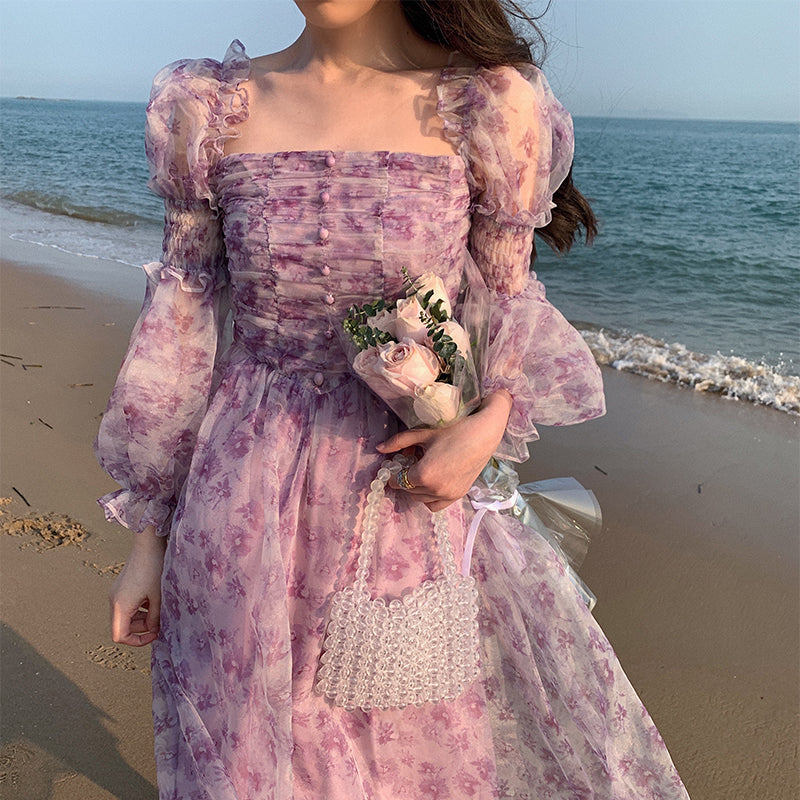 Ladies Puff Sleeve Square Neck Floral Dress