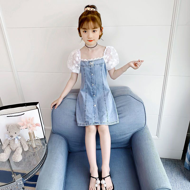 Girls Denim Dress Fashion Lace Puff Sleeves A-line Summer Patchwork