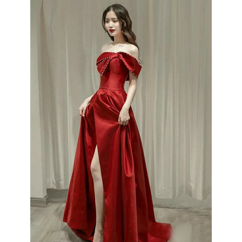French Satin Ladies Banquet Temperament Wedding Evening Dress