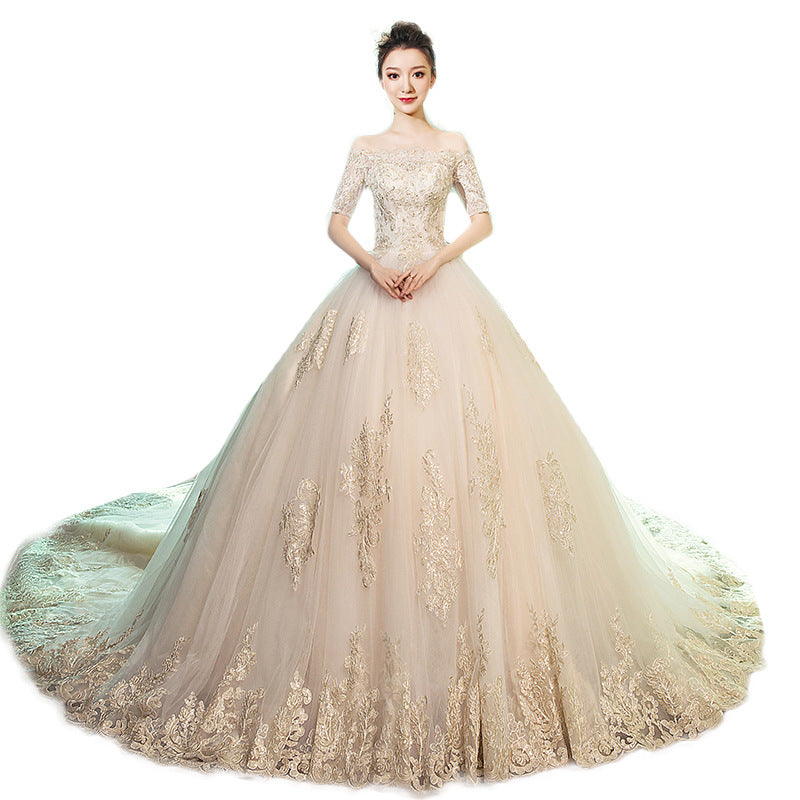 Wedding Dress Bride's New Vintage French Long Sleeve Off Shoulder