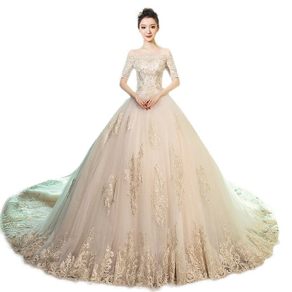 Wedding Dress Bride's New Vintage French Long Sleeve Off Shoulder