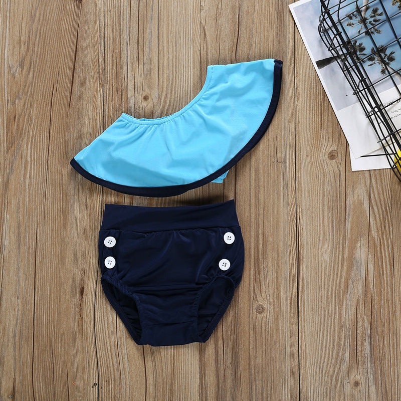 Girls Summer Split Slanted Shoulder Ruffled Candy Color Swimsuit